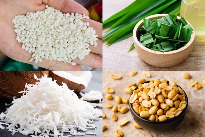 Nguyên liệu chuẩn bị cho món xôi lá dứa nồi cơm điện thơm ngon