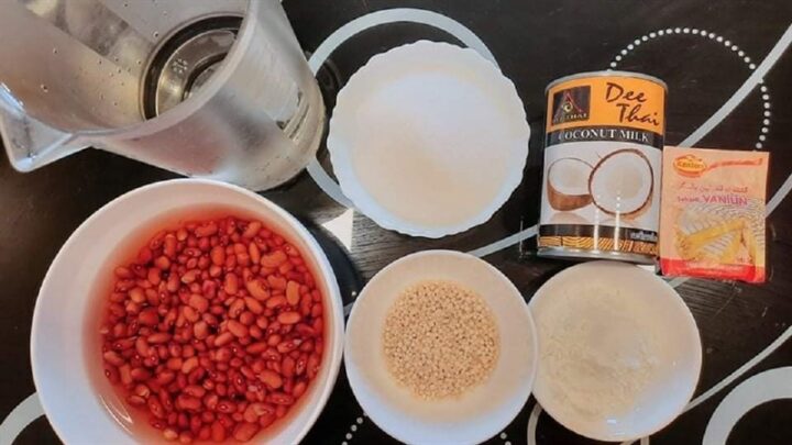 Tổng hợp nguyên liệu làm chè đậu đỏ bột báng bao gồm đậu đỏ, bột báng, nước cốt dừa