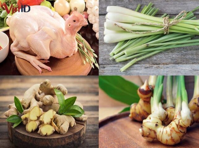 Nguyên liệu tươi ngon để nấu gà giả cầy miền Tây với gà ta, riềng, sả, nghệ, dừa