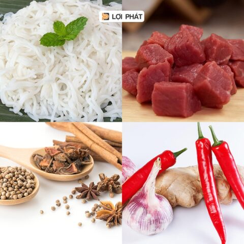 Nguyên liệu chuẩn bị cho món bún bò sốt vang ngon, bao gồm thịt bò, bún tươi và gia vị