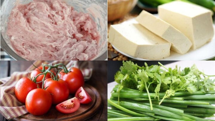 Nguyên liệu món ăn canh mọc chua: giò sống, cà chua, đậu hũ, hành tím, ngò rí, nước hầm xương