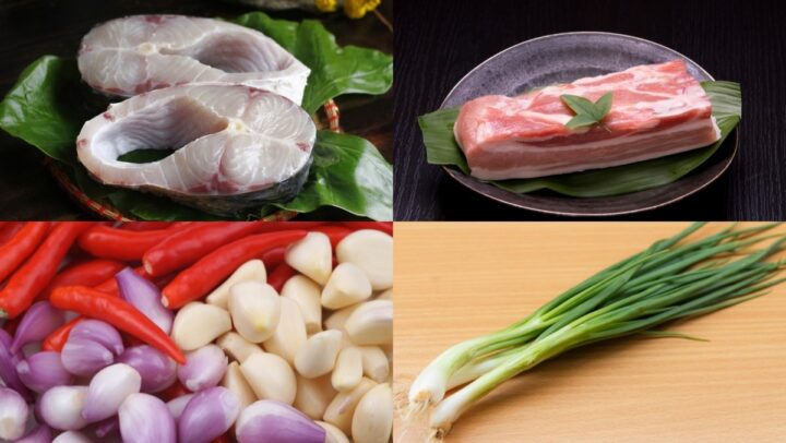 Nguyên liệu tươi ngon để kho thịt mềm rục gồm cá trắm và thịt ba chỉ