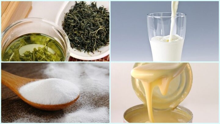 Nguyên liệu chính để nấu sữa trà xanh Thái tại nhà: trà, sữa đặc, sữa tươi, đường.