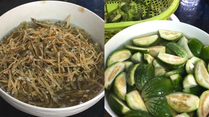 Cá khô cà đắng thịt ba rọi đang sơ chế