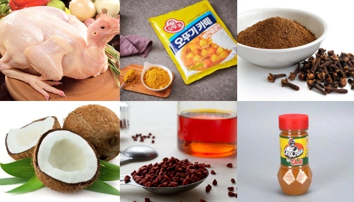 Nguyên liệu tươi ngon cho món cà ri chà chuẩn vị, bao gồm gà, khoai tây và các loại gia vị đặc trưng