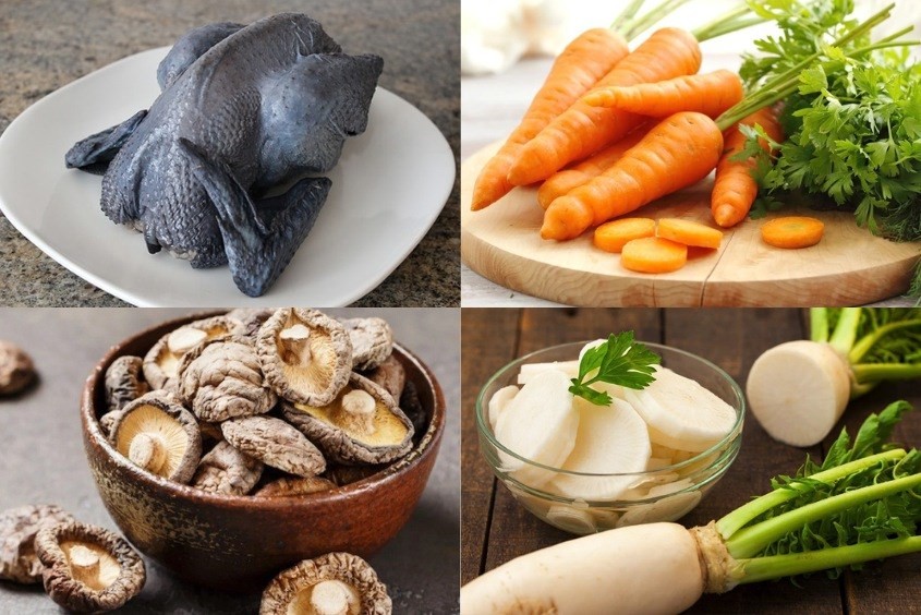 Nguyên liệu nấu canh gà ác với rau củ cho bé