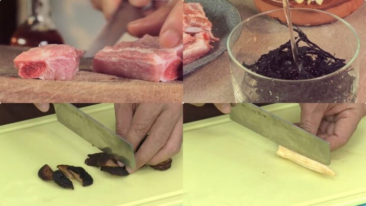 Sườn non và các loại rau củ được sơ chế sạch sẽ để chuẩn bị nấu canh