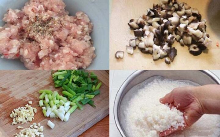 Nguyên liệu đã sơ chế sẵn sàng cho cách nấu cháo thịt bằm bằng nồi cơm điện