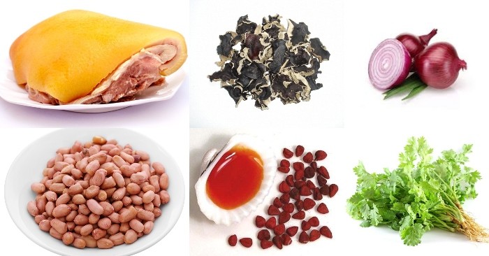 Các nguyên liệu tươi ngon cho món heo rừng xào lăn, bao gồm thịt heo rừng, nấm mèo, hành tây và đậu phộng, sẵn sàng cho công thức **cách nấu heo rừng ngon**.