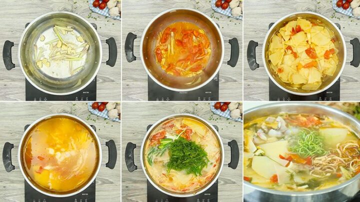 Nồi lẩu cá diêu hồng măng chua đang sôi trên bếp, tỏa hương thơm lừng