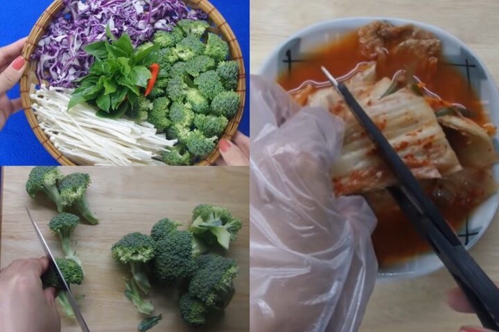 Nguyên liệu đầy đủ để nấu mì cay Omega tại nhà, sẵn sàng chế biến