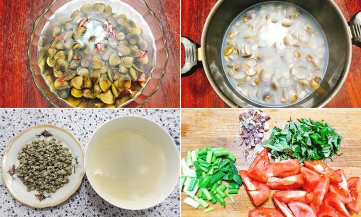 Các nguyên liệu tươi ngon để chuẩn bị cách nấu canh hến cà chua bao gồm cà chua, hành lá và hến sạch sẽ.