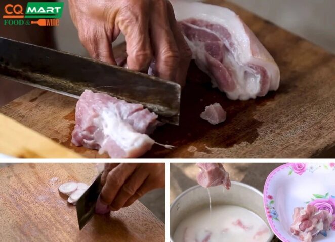 Sơ chế thịt lợn thành khối vuông cho món thịt hộp