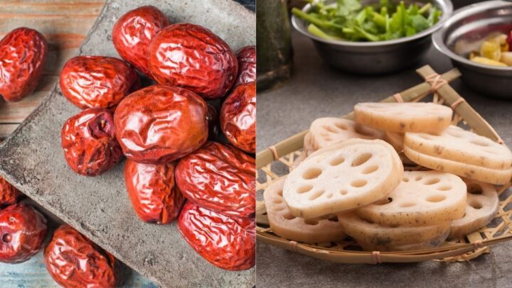 Các nguyên liệu tươi ngon chuẩn bị cho món canh củ sen táo đỏ