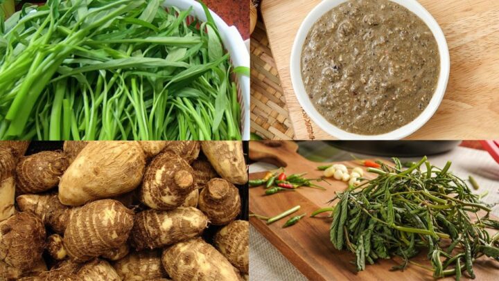 Mô tả các nguyên liệu tươi sống gồm cua đồng, rau muống, khoai sọ và hành tím, chuẩn bị cho món canh cua rau muống