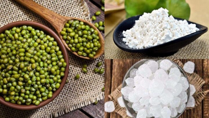 Các loại đậu xanh còn vỏ và đậu xanh tách vỏ, nguyên liệu chính để nấu chè đậu xanh hột không bị nát.