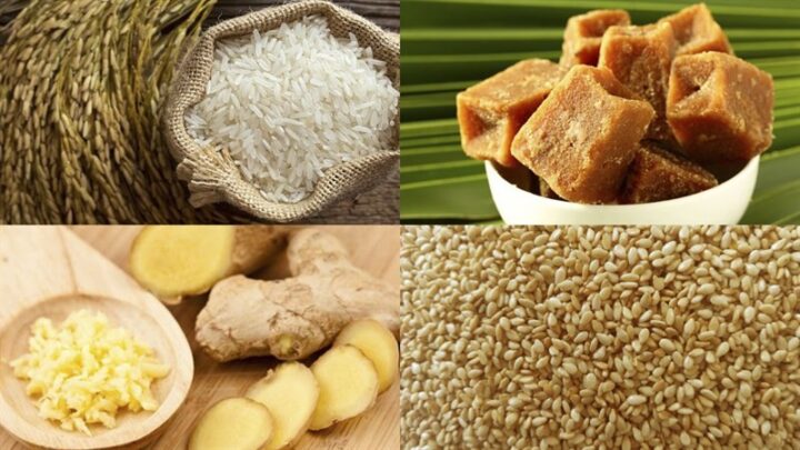 Nguyên liệu chuẩn bị cho cách nấu chè con ong bằng đường thốt nốt với gạo nếp, gừng, mè rang và lá dứa.