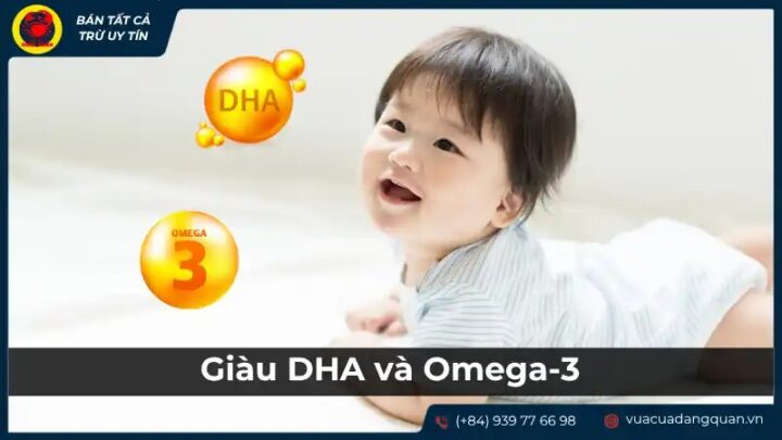 Hình ảnh minh họa em bé vui vẻ cùng biểu tượng DHA và Omega-3, nhấn mạnh lợi ích cháo cá mú cho bé phát triển trí não.