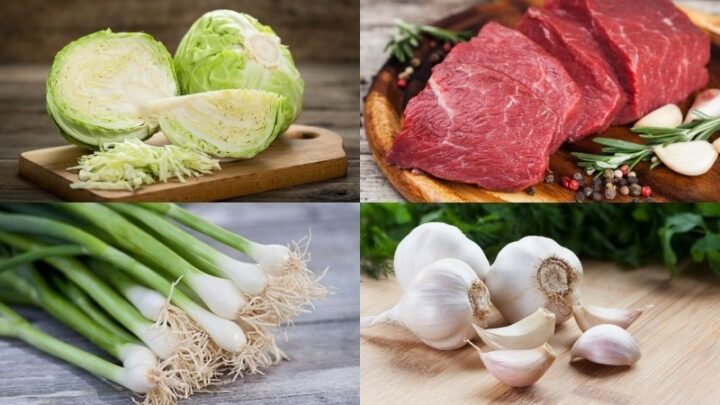 Nguyên liệu chuẩn bị để nấu canh bắp cải thịt bò gồm thịt bò tươi, bắp cải, hành lá, gừng, tỏi.