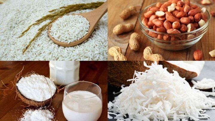 Các nguyên liệu cơ bản chuẩn bị để nấu xôi lạc bằng nồi cơm điện, bao gồm gạo nếp và lạc.