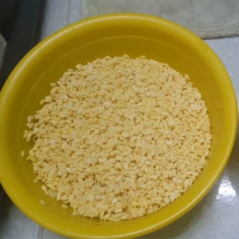Đậu xanh và hạt sen đang được ngâm nở để chuẩn bị cho cách nấu chè vải đậu xanh