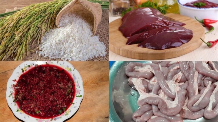 Các nguyên liệu tươi ngon chuẩn bị cho món cháo lòng miền Bắc